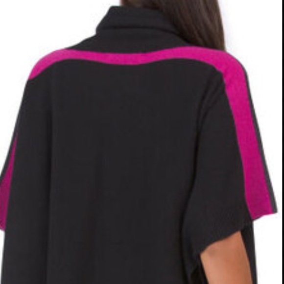 Tahari Wool and Cashmere Blend Varsity Stripe Poncho in Black Gray Pink One Size - Picture 2 of 11